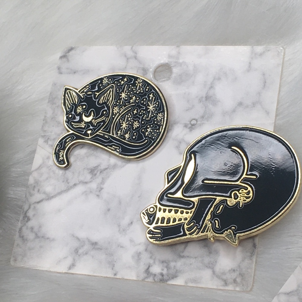 Black Cat & Fish /  Skull + Galaxy Moon Cat Pins